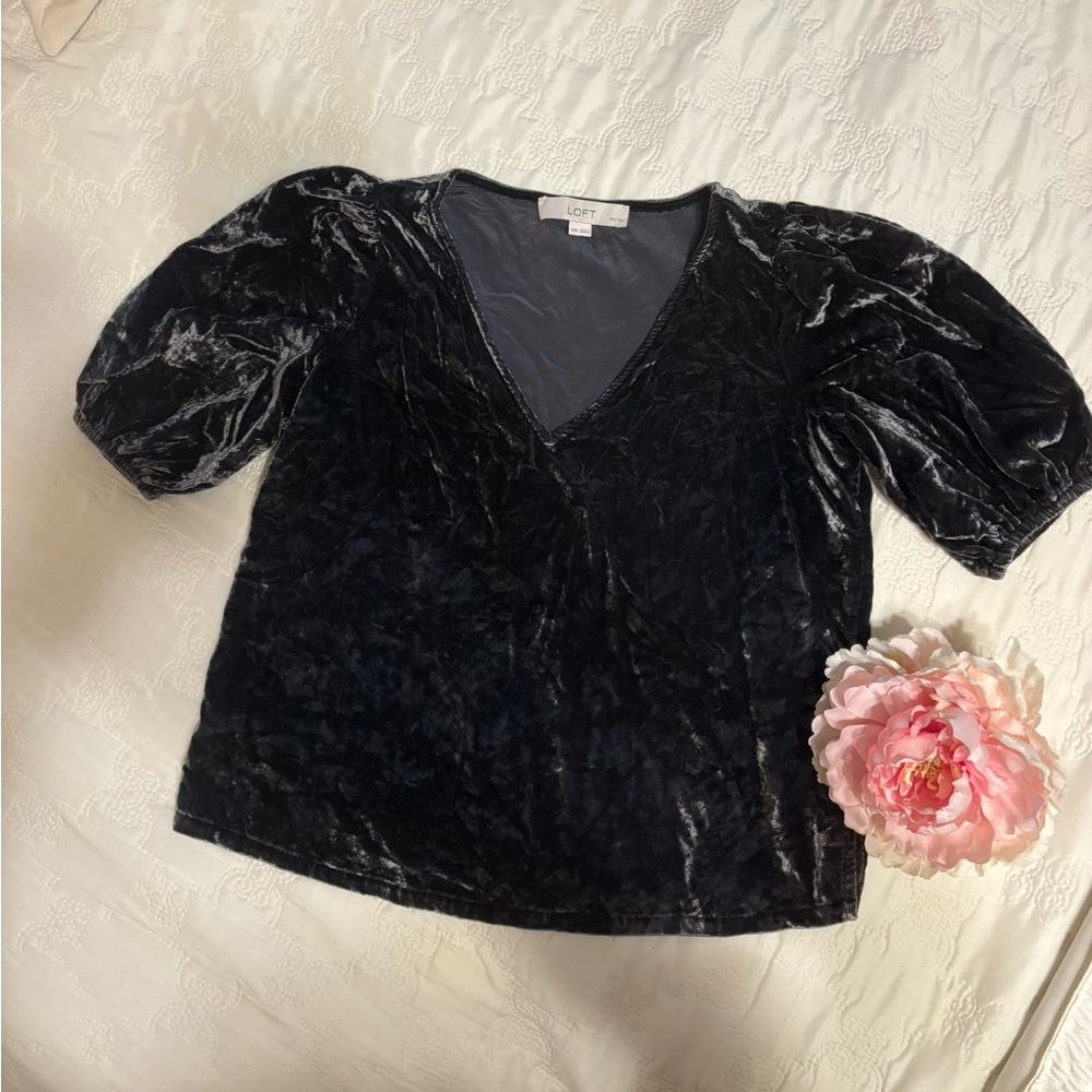 LOFT Black Velvet Puff Sleeve Blouse